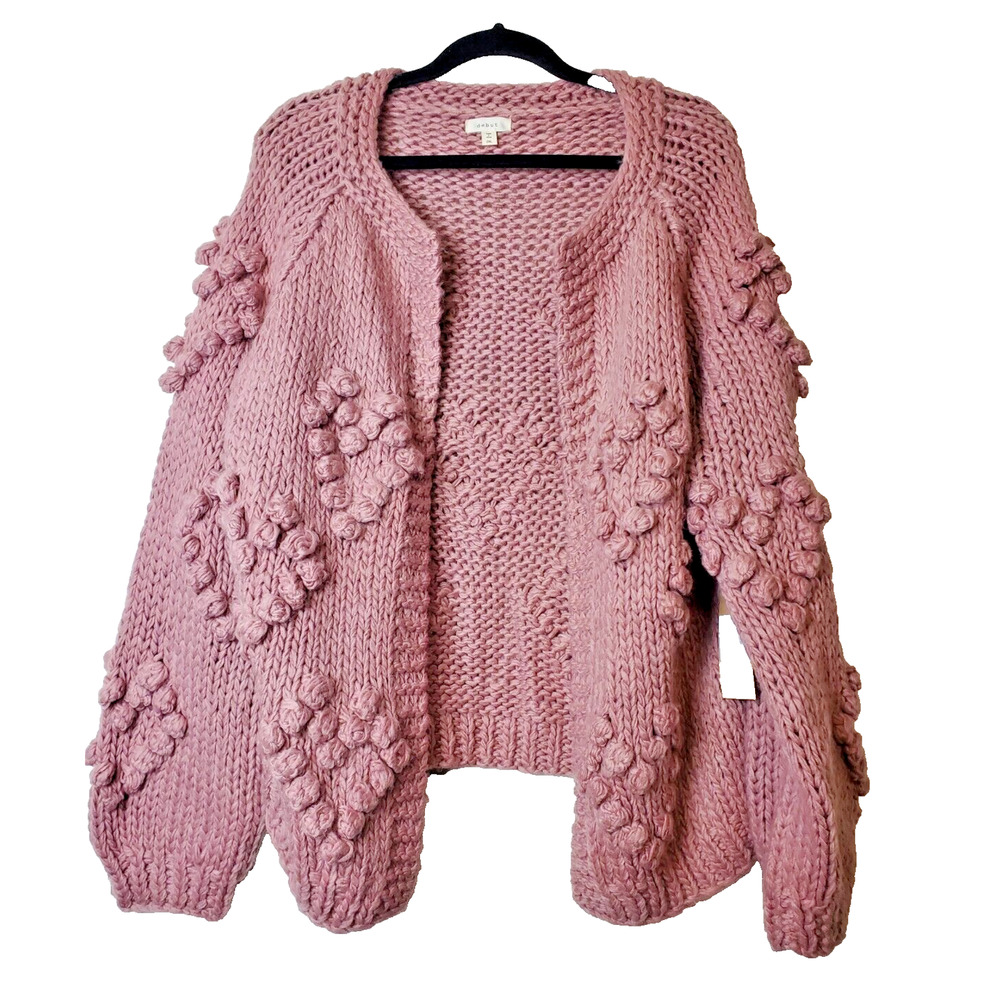 debut Dusty Rose Chunky Knit Pom-Pom Cardigan